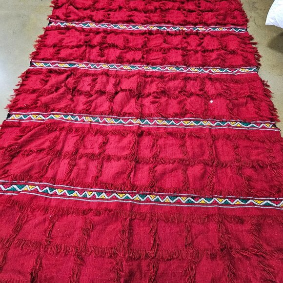 Dark Red Burgundy Moroccan Handira Blanket Throw Handwoven Embroidered Fringe